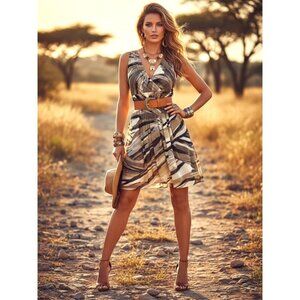 Banana Republic Pleated V-Neck Dress – Abstract Zebra Print Neutral Midi Sz 6